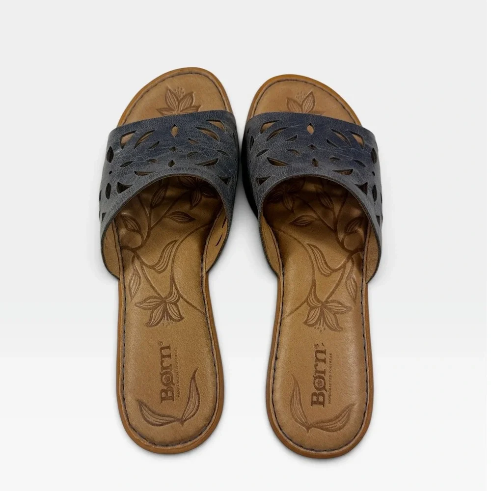 Born Sandals Yesica Womens 10 Blue Leather Laser Cut Floral Slide NEW